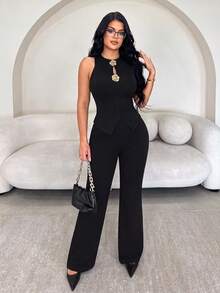 Vavine Elegant Business Casual Women's Office Wear, Metal Rose Flower Button Decor, Sleeveless High Elasticity Slim Fit Sexy Tank Top And Long Pants, 2-Piece Casual Set - Black - View 5