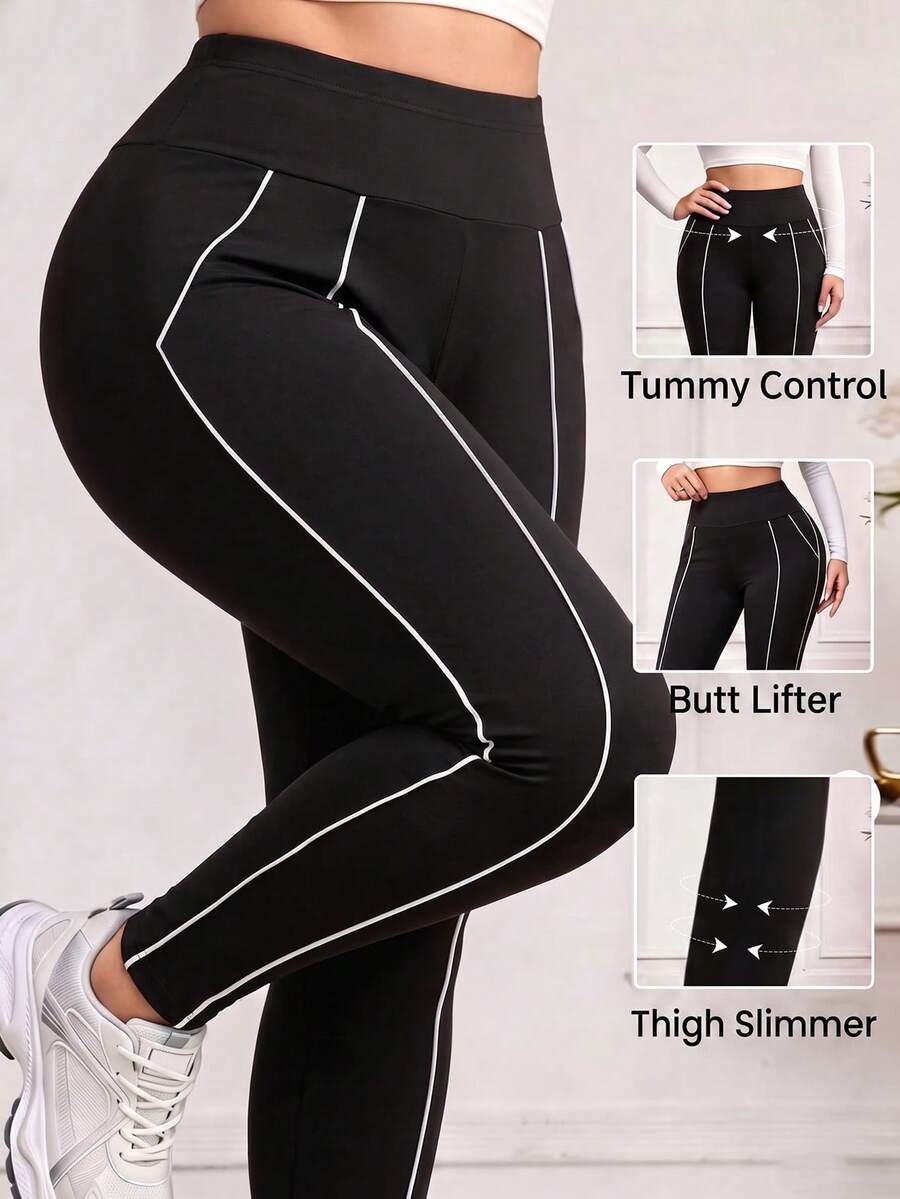 Lacomfia Spring/Summer Elegant Casual Plus Size Women's High Waist Leggings - Black and White - View 1
