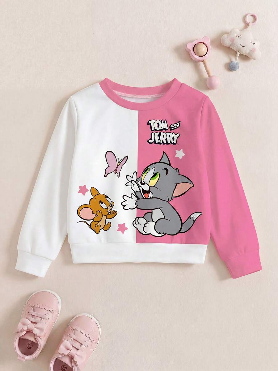 TOM & JERRY X SHEIN 女婴圆领长袖卫衣,舒适休闲卡通字母印花拼色,秋冬 - 白色 - 查看 1