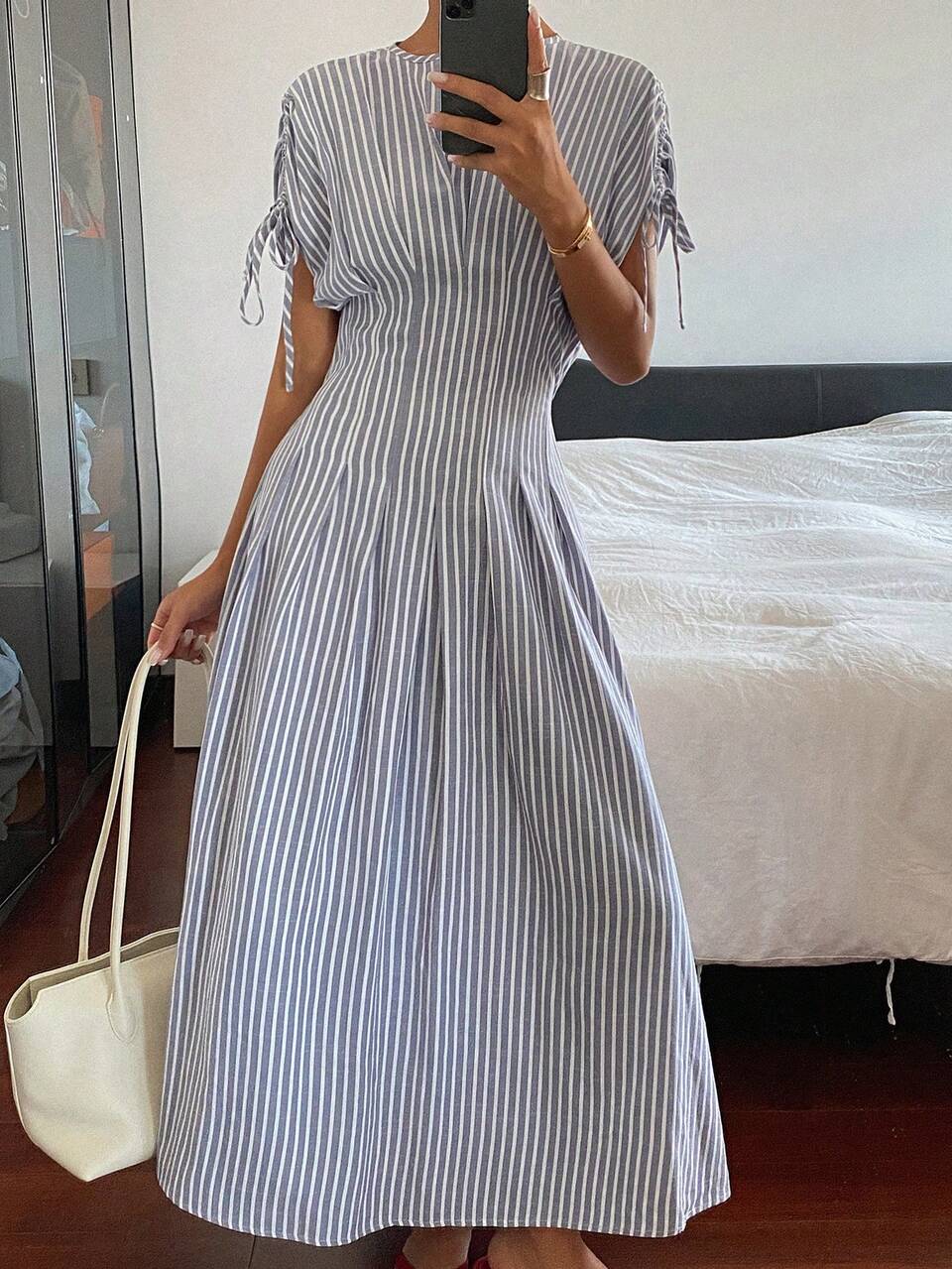 Striped Cinched Waist Tie Long Elegant Vacation Spring Summer Autumn Women's Dress