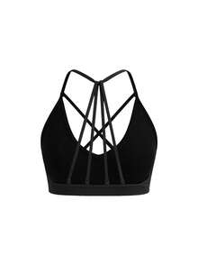 SHEIN Cheerettes 女款純色交叉背帶日常健身運動內衣 - 黑色 - 查看 4