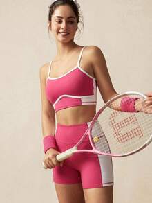 VARSIVA Black And White Contrasting Patchwork Strips Hollow High Waist Women Sports Sets - Hot Pink - View 5
