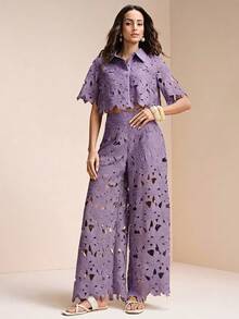 Arave Women's Lace 2 Pieces Set ,Summer,Elegant,Tropical,Holiday,Vacation,Holiday Laser Cut Out Crop Top & Wide Leg Pants,Embroidered Outfit - Mauve Purple - View 2