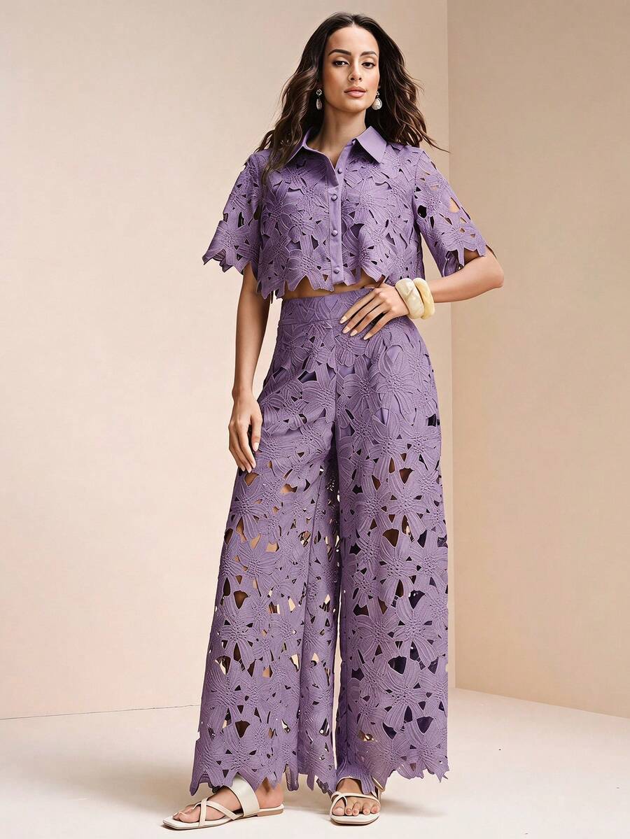 Arave Women's Lace 2 Pieces Set ,Summer,Elegant,Tropical,Holiday,Vacation,Holiday Laser Cut Out Crop Top & Wide Leg Pants,Embroidered Outfit