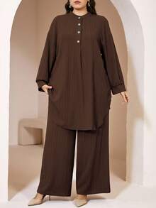 Veilorie Plus Size Women Solid Color Button Half-Placket Long Sleeve Shirt And Pants Casual 2-Piece Set Fall - Coffee Brown - View 5