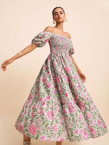 LOTSLUV Women's Early Autumn Vacation & Commute Green And Magenta Peony Floral Print Off-Shoulder Puff Sleeve Cinched Waist Dress,Beach Dress,Elegant Dresses - Multicolor - View 5