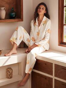 Rosleepa Women's Fruit Print Long Sleeve Single-Breasted Top And Pants Pajama Set - White - View 7