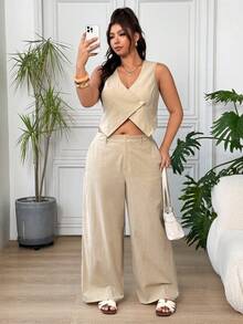 SHEIN EZwear Beige Casual Elegant Women's Plus Size Single Button Vest And Pants Set Brunch Formal Vacation Summer - Apricot - View 4
