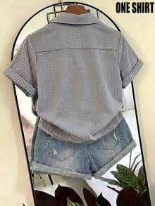 SHEIN Franclia 女款條紋單排扣休閒百搭日常外出襯衫 - 黑色 - 查看 2