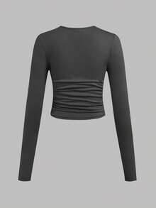 3pcs Tween Girls Solid Color Crew Neck Ruched Long Sleeve T-Shirt Undershirts, Casual For Autumn/Winter - Dark Grey - View 9