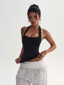 Easithlete Easithlete Kaos Olahraga Wanita Warna Polos, Potongan Slim Fit, Serbaguna untuk Pemakaian Sehari-hari, Model Halter Neck - Hitam - View 8