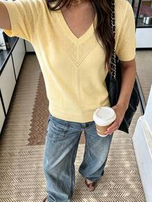 valorelle valorelle Women's Vintage V-Neck Diamond Hollow Patchwork Short Sleeve Ribbed Knit Top - Yellow - View 1