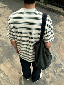 Resyla Men 男士夏季復古條紋街頭風 T 恤，淺藍黃黑配色拼接寬鬆短袖 T 恤 - 彩色 - 查看 2