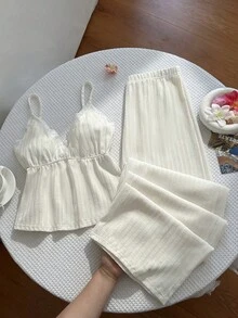 SHEIN Unity Conjunto de pantalones anchos versátiles para vacaciones y uso diario con tela texturizada, patchwork y ribete de encaje estilo Y2K - Albaricoque - Ver 6