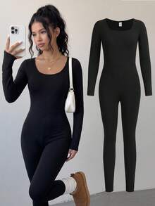 SHEIN Girlism Chica adolescente Mono unitard unicolor - Negro - Ver 1