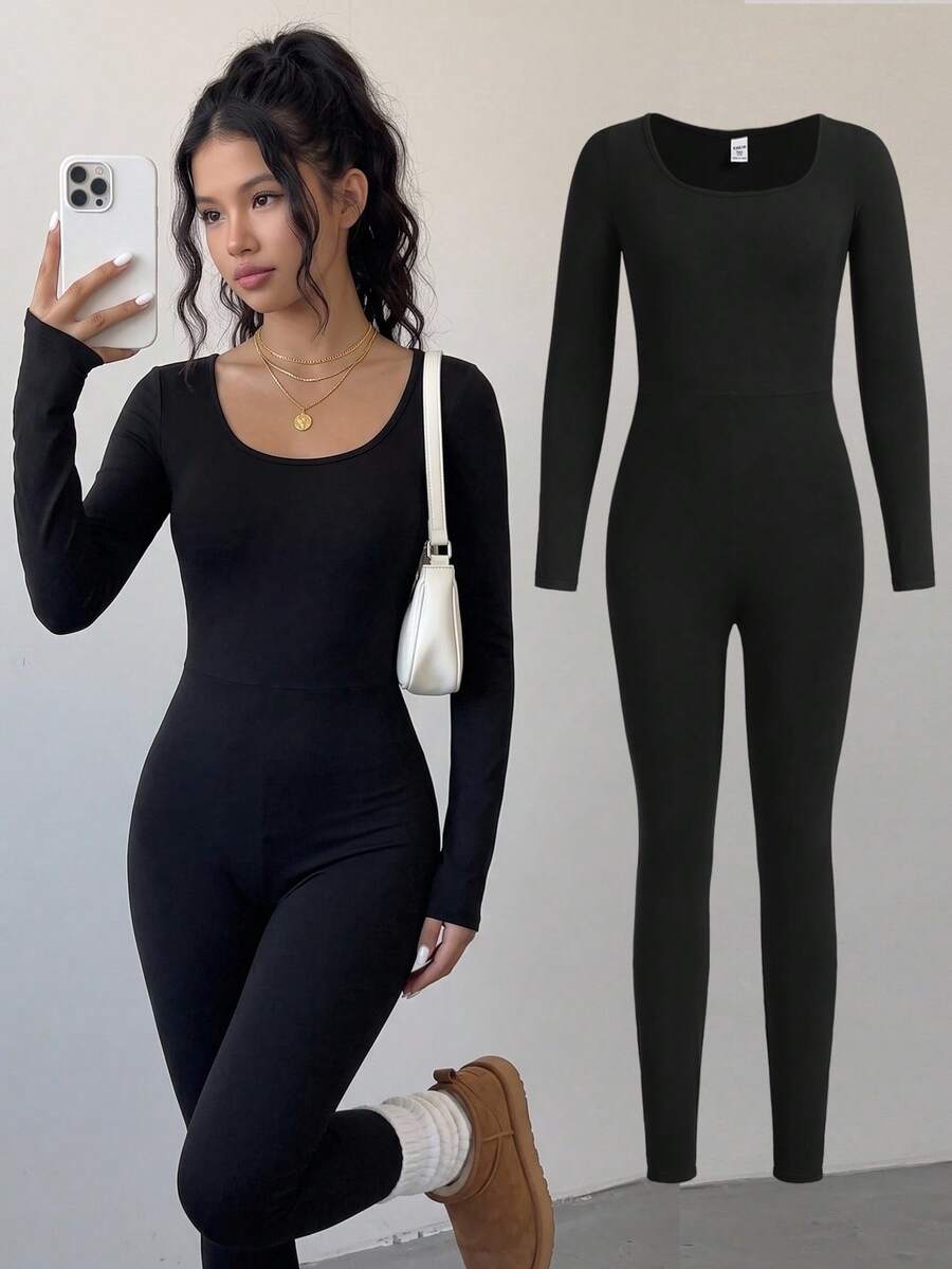 SHEIN Girlism Chica adolescente Mono unitard unicolor - Negro - Ver 1