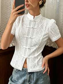 SHEIN PariChic Women's French Elegant Lace Short Sleeve Blouse, All-Season Versatile Stand Collar Frog Button Top, Slightly Sheer Crochet Lace Fabric, Slim Fit Cropped Hem, Vintage Style Design; Suitable For Office Commute, Daily Wear, Casual Outings And Weekend Outfits, Easily Paired With Jeans, Casual Pants And Skirts - White - View 5