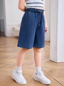 SHEIN Tween Girl Spring Summer Basic Casual Light Washed High Waisted Loose Fit Ruffle Waist Drawstring Denim Long Shorts With Bowknot And Rolled Hem Pockets, Summer Beach Boho Vacation Comfortable , Summer Rave Concert Festival College Style - Dark Wash - View 6