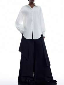 LYSMO Women's Solid Color Drop Shoulder Single-Breasted Casual High-Low Hem Shirt - White - View 7