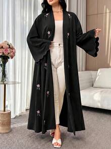 Al Najma Plus Size Women's Floral Embroidered Long Sleeve Elegant Arabic Abaya - Black - View 5
