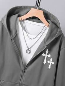 Sudadera con capucha y cremallera para adolescente, estampado de patrón versátil, multifuncional, para otoño - Gris - Ver 9