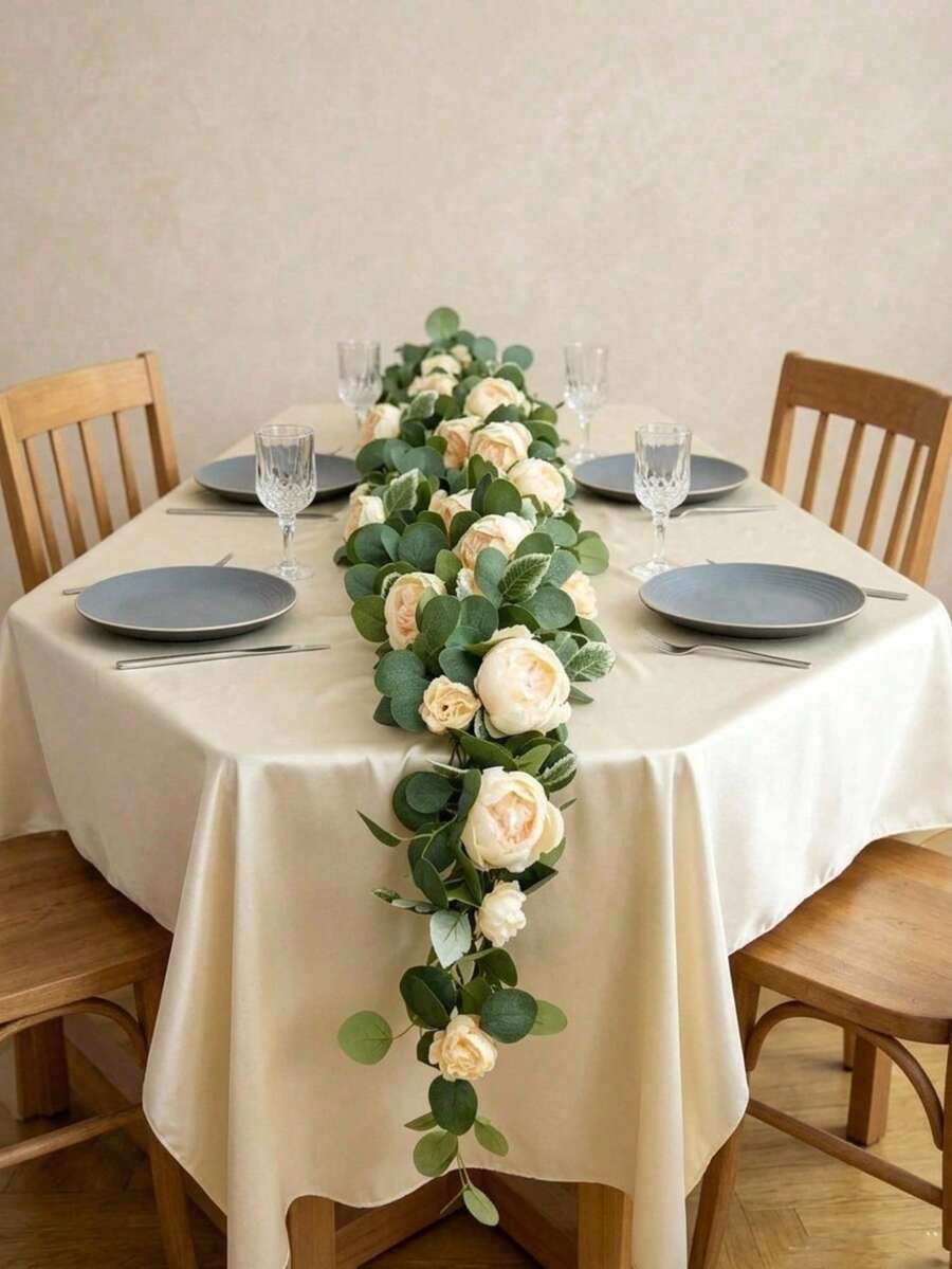 Cirelle 1 buah Karangan Bunga Buatan dengan Mawar Champagne, Karangan Bunga Daun Eucalyptus Tiruan untuk Hiasan Meja, Dekorasi Lengkungan Pernikahan, Hiasan Tengah Meja Resepsi, Latar Belakang Pesta - MultiWarna - View 1