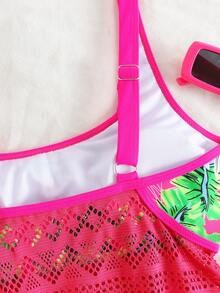 Swim Lushoire Women's Summer Beach Vacation Tropical Print Lace-Panel Tankini Swimwear Set, Magenta Two Pieces Swimwear Set - Multicolor - View 5