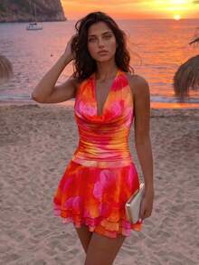 SHEIN Summer New Women's Fashion Sexy Tropical Printed 2 Pieces Set - Cowl Neck Design - Ruched Waist Design - Ruffle Design - Vacation - Beach Pink Floral - Red - View 6