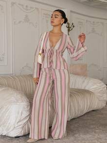Andrea Bello Women's Pink Stripe Cotton Linen Long Pants,Casual Wide Leg Summer Boho Beach Vacation Holiday Trousers,Elegant Natural Style Resort Wear Fall - Multicolor - View 4