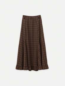 Nöista Brown Plaid Maxi Skirt With Ruffle Details. Occasionwear, Romantic, Chic Style. Elegant Boho - Brown - View 10