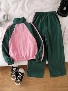 SHEIN Elladie kids 女童大童翡翠綠拼接長袖刺繡馬圖案布料直筒褲2件套運動休閒秋季服裝粉色 - 綠色 - 查看 2