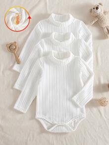 SHEIN Vintaside Kids 3件組乳白色嬰兒高領連身衣，四季爬行衣，新生兒長袖修身親膚柔軟 - 白色 - 查看 6