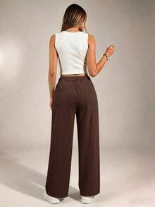 SHEIN PETITE CURVE 大尺碼女款純色口袋寬腿寬鬆休閒長褲 - 棕色 - 查看 6