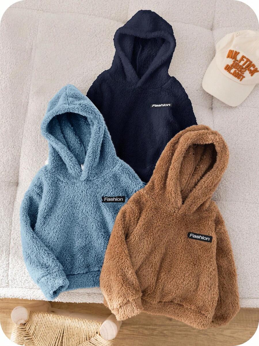SHEIN 3件組男嬰秋冬可愛保暖內裡連帽衛衣 白色卡其色衛衣套裝 - 彩色 - 查看 1