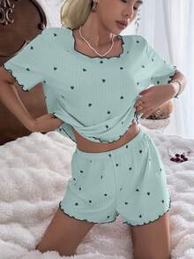 CottageSlumber Conjunto de pijama para mujer con camiseta de manga corta y pantalones cortos, ajuste holgado, acanalado, con estampado de corazones pequeños en color verde - verde menta - Ver 7