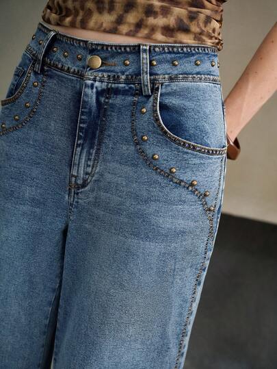 MOTF PREMIUM WOMEN'S STUDDED DESIGN WASHED FLARE LEG DENIM JEANS, AUTUMN/WINTER