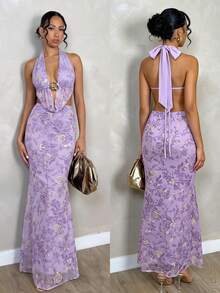 Allurite Summer Purple Floral Mesh Printed Embroidered Halter Neck Exposed Waist Long Dress With Metal Buckle Design Sexy Hot Girl Style Fishtail Skirt Beach - Purple - View 3