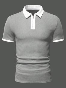 Manfinity Homme 男士夏季休閒拼色拼接 Polo 衫 - 灰色 - 查看 3
