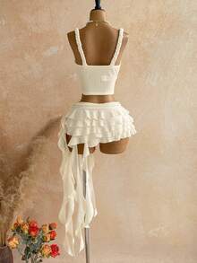 Soleia Women's Vacation Casual Solid Color Tank Top & Ruffle Hem Skirt 2 Pieces Set - White - View 2