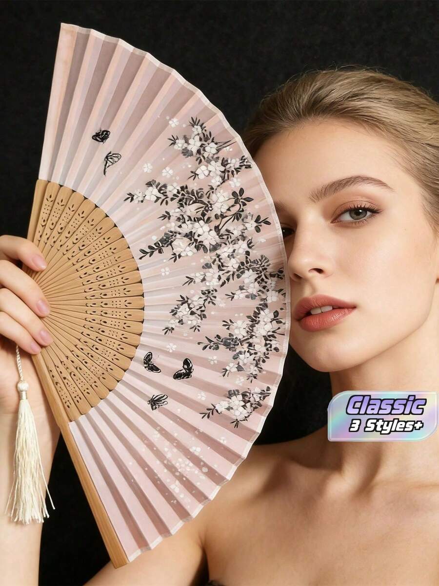 3/4/5pcs Classical Folding Fan, Handmade Bamboo Fan With Sakura Blossom Pattern And Tassel Decor - Elegant Gift For Women, Wedding Favor, Traditional Chinese Costume Accessory, Suitable For Spring/Summer, Wedding Decor And Home Display - Multicolor - View 1