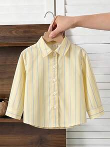 SHEIN Vintaside Kids 女童春夏黃色條紋領長袖襯衫，簡約俏皮，時尚百搭，適合日常穿著、外出或上學 - 黃色 - 查看 5