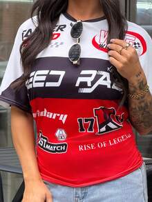 SAYEHFBABY Y2K Racing Suit Women T-Shirt,White With Black Polka Dots,Summer,Streetwear,City Break,Round Neck Short Sleeve Ruched Logo Letter Print Casual - Multicolor - View 5