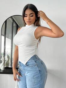 SHEIN SXY 小高領不對稱下擺背心上衣 - 白色 - 查看 7