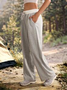 Exploreva Exploreva Women's Casual Versatile Colorblock Drawstring Waist Pocket Outdoor Sweatpants - Grey - View 3