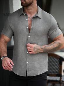 Manfinity CasualCool Men's Textured Fashion Holiday Single-Breasted Short Sleeve Shirt - Army Green - View 6