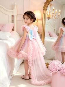 Glamorique Kids 女童無袖彩虹漸層荷葉邊公主裙附拖尾，春夏休閒生日可愛上學穿搭 - 粉色 - 查看 4