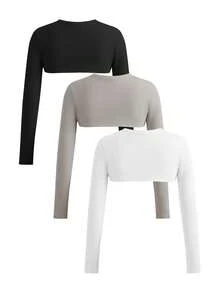 SHEIN Cheerettes 女款 3 件組 純色高低下擺長袖運動 T 恤短版上衣透氣運動休閒短版外套套裝 健身房穿搭 黑色 淺灰色 白色 秋季 - 彩色 - 查看 4