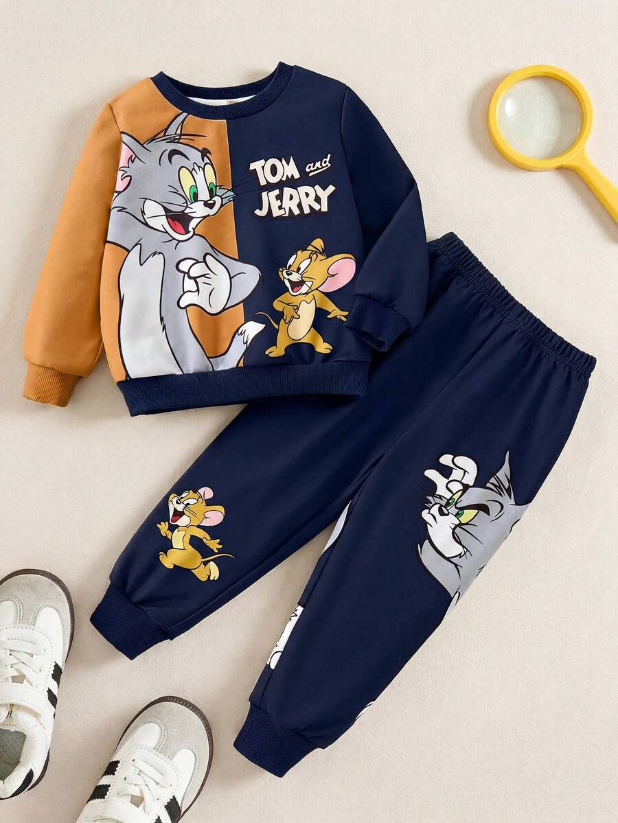 TOM & JERRY X SHEIN Conjunto de 2 piezas para niño pequeño: sudadera con estampado de gato y ratón de dibujos animados y pantalones a juego - Multicolor - Ver 1