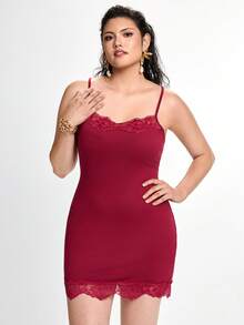 Slumbrini Sexy Spaghetti Strap Soft Lace Plus Size Nightgown - Burgundy - View 1