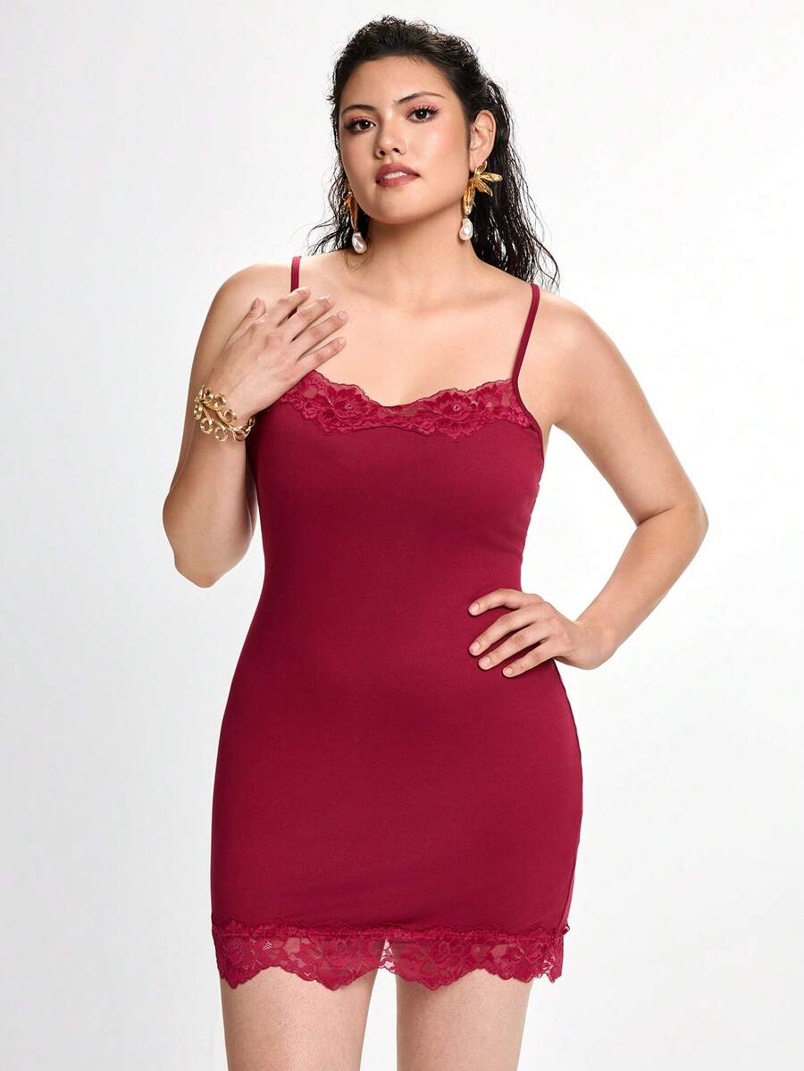 Slumbrini Sexy Spaghetti Strap Soft Lace Plus Size Nightgown - Burgundy - View 1